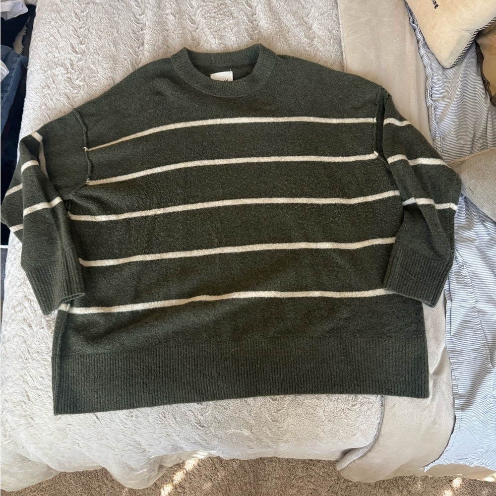 Aerie Green and White Striped Crewneck Sweater